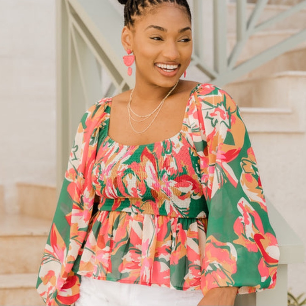 Pink Lily Take Me There Green Smocked Bust Floral Blouse